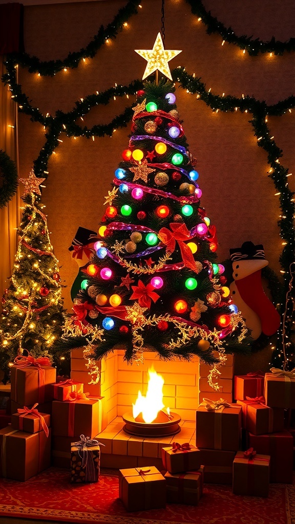 Árbol de Navidad decorado con luces y regalos, en un ambiente festivo y acogedor.